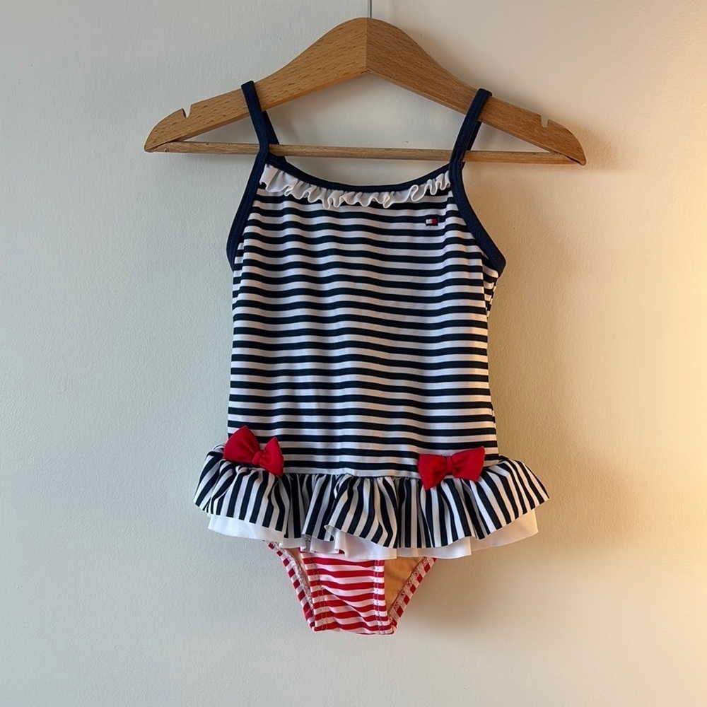 Tommy Hilfiger Blue and White One Piece Swimsuit